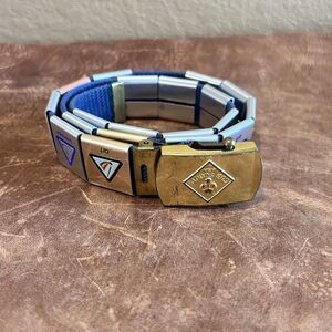Cub Scout Belt with solid brass buckle Loop Slides Merit Badges. 19 Pieces USA
